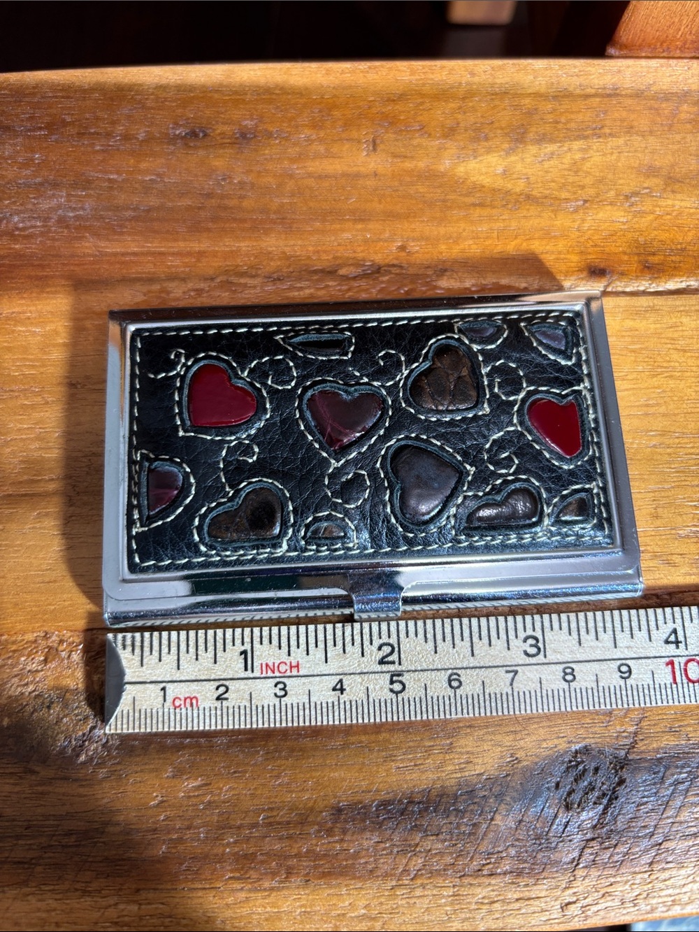 Brighton leather business card holder or box red & brown heart silver-tone frame - Picture 7 of 9